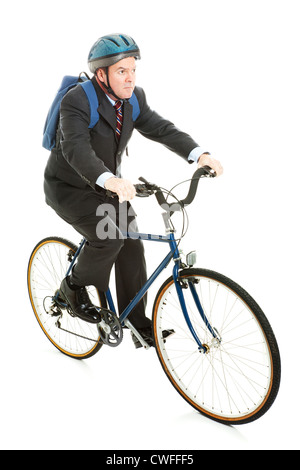 Geschäftsmann spart Gas und Geld von seinem Fahrrad zu arbeiten. Voller Körper isoliert. Stockfoto