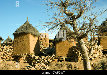 Strohgedeckten Adobe Getreidespeicher in zahlt Dogon Dorf, Mali Stockfoto