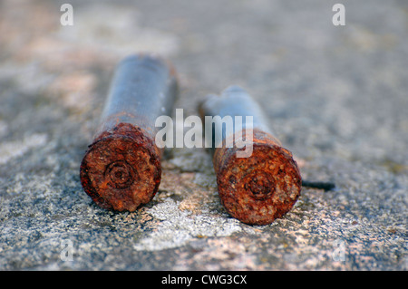 zwei alte, rostige Schrotpatronen auf Stein Stockfoto