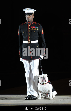 Ein US-Marine Maskottchen Handler steht in der Mitte zu Fuß mit dem Marine Barracks Washington Maskottchen CPL Chesty XIII während der Abend-Parade 13. Mai 2011 in Washington, DC. Eine Parade findet jeden Freitag in den Sommermonaten in den Baracken statt. Stockfoto