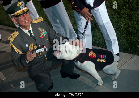 Chesty XIII, das offizielle Maskottchen des US Marine Corps wird vorgestellt mit einem Knochen brachte aus Japan durch den Stabschef der japanischen Boden Selbstverteidigung am Ende an einem Freitag Abend Parade am Marine Barracks Washington 25. Mai 2012. Stockfoto