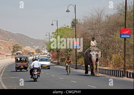 Mahout Reiten dekoriert indischer Elefant auf der Straße unter Verkehr in Jaipur, Rajasthan, Indien Stockfoto