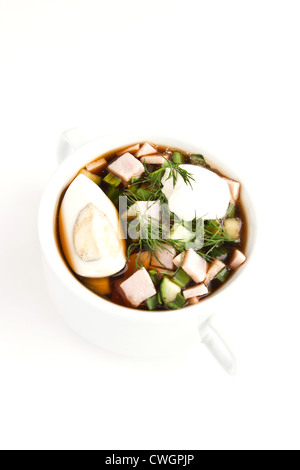 Okroschka kalte Kwas-Suppe mit Gemüse und Fleisch Stockfoto