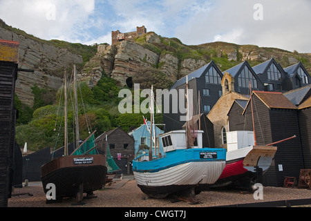 Alten Fischerbooten auf dem Display an Fischermuseum, Hastings Stockfoto