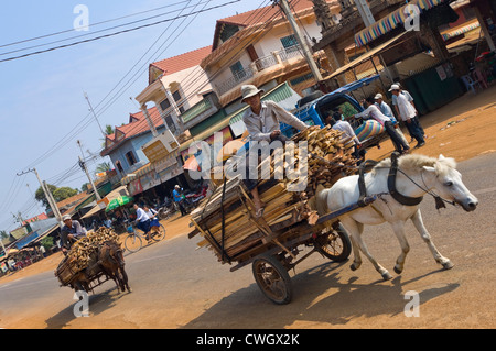 Horizontalen Weitwinkel-Blick auf eine typische Straßenszene in Kambodscha mit zwei Arbeiter mit ihren Ponys und Karren fahren übergeben. Stockfoto