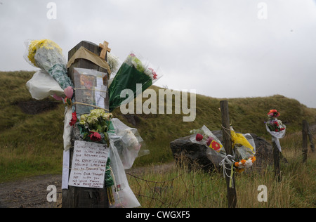 Blumen gebunden an einen Zaun auf Saddleworth Moor in Hommage an Winnie Johnson und Mauren Mord Opfer Sohn Keith Bennett Stockfoto