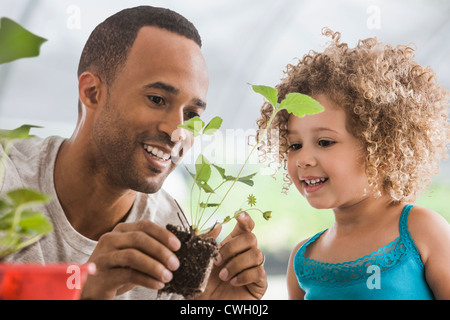Vater und Tochter gemeinsam Gartenarbeit Stockfoto