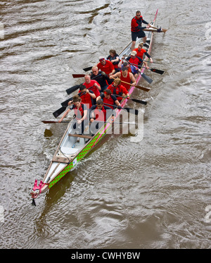 Drachen Boot Teamtraining Sitzung Praxis am Fluss Severn Worcester Worcestershire England Europa Stockfoto