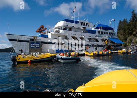 M.V. Charlotte Königin schwimmenden Anglerhütte betrieben auf Langara Insel Haida Gwaii, Norden von British Columbia, Kanada. Stockfoto