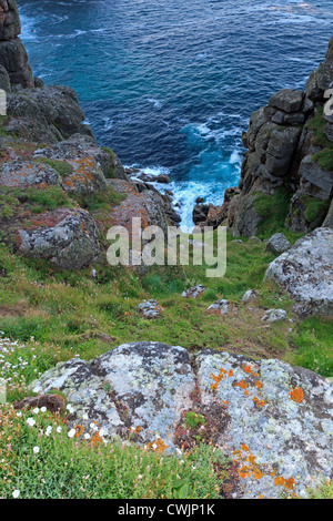 Blick von der Klippe an Pordenack Stelle in der Nähe von Lands End in Cornwall mit Flechten bedeckt Felsen im Vordergrund. Stockfoto