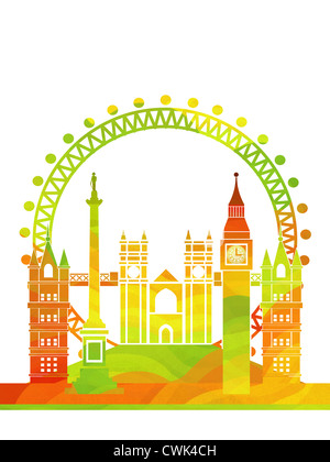 Illustration der stilisierten Multi farbige legendären Londoner Wahrzeichen (Ausschneiden bereit Version). Stockfoto