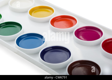 Neue Box von Aquarellfarben isoliert auf weiss Stockfoto