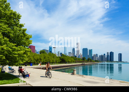 Die Skyline der Stadt vom Seeufer im Grant Park, Chicago, Illinois, USA Stockfoto