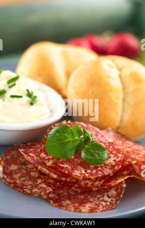 Dünne Salami-Scheiben garniert mit Brunnenkresse Blatt mit Frischkäse und Brötchen auf Platte (Tiefenschärfe) Stockfoto
