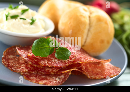 Dünne Salami-Scheiben garniert mit Brunnenkresse Blatt mit Frischkäse und Brötchen auf Platte mit Rettich in den Rücken Stockfoto