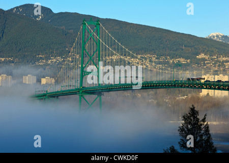 Kanada, British Columbia, Vancouver, Stanley Park, Bestandteil der Lion Gate Bridge mit Marine Schicht Nebel Rollen Stockfoto