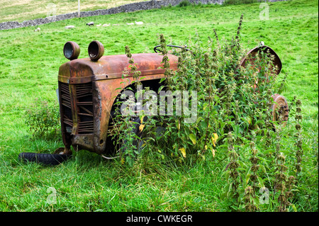 Alter verlassene rostenden Traktor bedeckt in Unkraut und Brennesseln im Feld-Hof Stockfoto