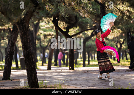 Eine ältere Chinesin Praktiken Tai Chi Fan Tanz Kampfkunst trainieren Sie am frühen Morgen im Tempel des Himmels Park Stockfoto