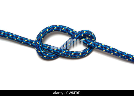 Abbildung 8 Knoten eines Seils blau-gelb auf weißem Hintergrund gemacht Stockfoto