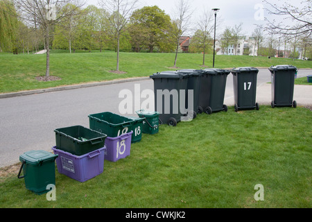 Mülltonnen warten auf Abholung, surrey, england Stockfoto