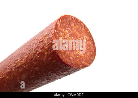 Große Salami Wurst isoliert auf weißem Hintergrund Stockfoto