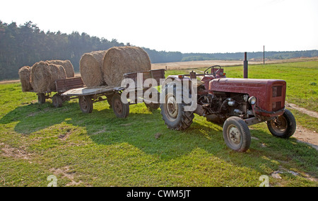 Runde Heuballen auf Farmer es Wagen bereit ist, mit einem Traktor in die Scheune für die Lagerung transportiert werden geladen. Zawady Zentralpolen Stockfoto