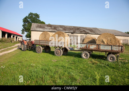 Traktor und Bauernhof Wagen beladen mit großen runden Heu Bails bereit, in der Scheune geladen werden. Zawady Zentralpolen Stockfoto