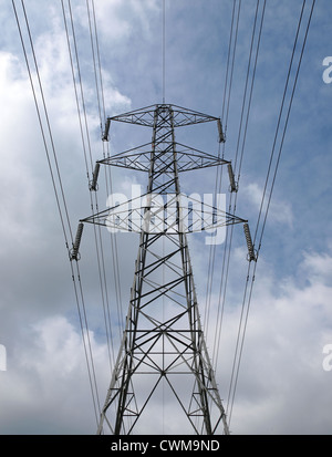 Strommasten und Drähte, die an das nationale Stromnetz Stockfoto