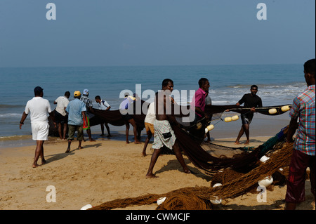 Fischer vom Sea Turtle Reserve Centre in Kosgoda, Sri Lanka, Netze an Land ziehen. Stockfoto