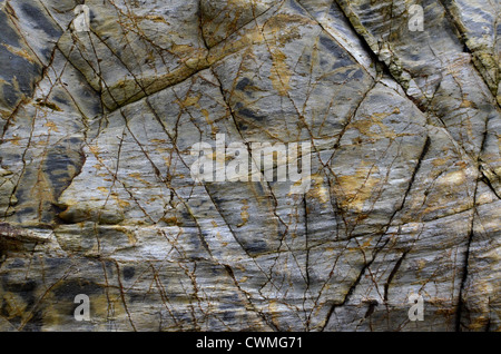 Cornwall - Hintergrundbild der Felsstruktur an der Küste in der Region zwischen Par Sands und Polkerris. Konzept "Fall on stony ground", Fehlergeologie. Stockfoto