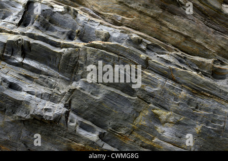 Cornwall - Hintergrundbild der Felsstruktur an der Küste in der Region zwischen Par Sands und Polkerris. Konzept "Fall on stony ground", Fehlergeologie. Stockfoto