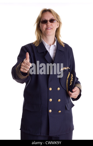 Pilotin zeigt Daumen hoch Zeichen Stockfoto