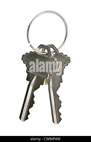 Zwei Schlüssel am Schlüsselring isoliert auf weißem Hintergrund Stockfoto