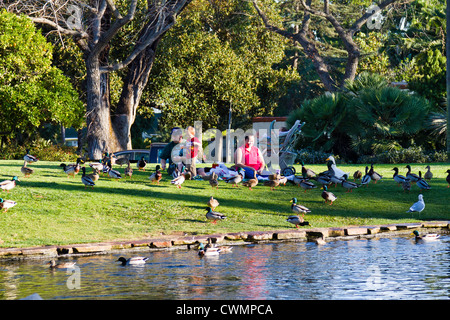 Eine Familie genießt Fütterung der Enten im Alice Keck Park in "Santa Barbara", California Stockfoto