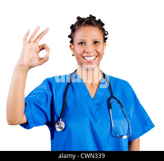 afrikanische amerikanische Krankenschwester OK Handzeichen geben Stockfoto