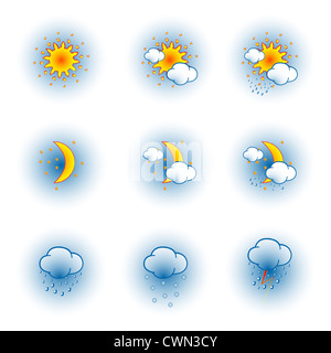 Wetter-Icons auf weißem Hintergrund, abstrakte Kunst-Vektorgrafik Stockfoto