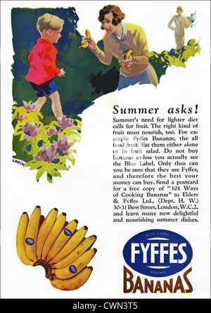 Original der 1930er Jahre Vintage Printwerbung aus englischen Verbrauchermagazin Werbung FYFFES Bananen Stockfoto