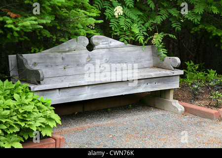 Eine klassische hölzerne Parkbank Laub in einem ruhigen Garten umgeben. Stockfoto