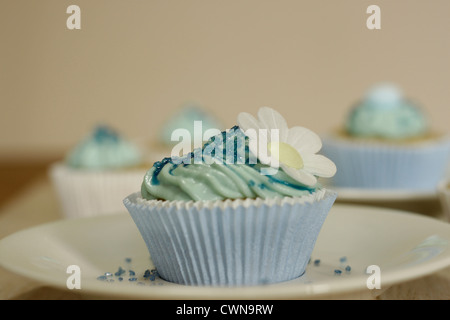 Blaue Cupcakes mit Dekoration Stockfoto