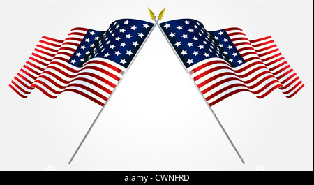 Isolierte Twin amerikanische Flaggen schwenkten auf weiß Stockfoto