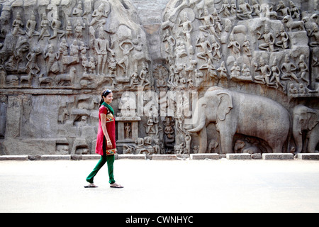 Die Buße von Arjuna - Abstieg des Ganges, Basrelief in Mahabalipuram, Indien Stockfoto