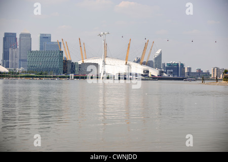 O2 Arena, Themse, Canary Wharf World Financial Center, Firmensitz, Barclays, HSBC, State Street, Citi Bank, Thames Cable Car, UK Stockfoto