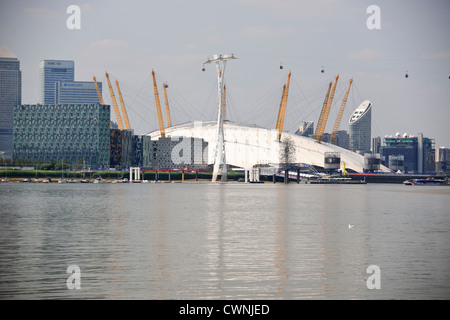 O2 Arena, Themse, Canary Wharf World Financial Center, Firmensitz, Barclays, HSBC, State Street, Citi Bank, Thames Cable Car, UK Stockfoto