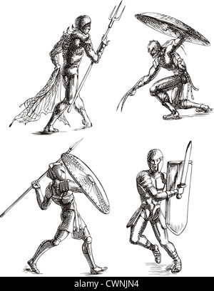 Antike römische Gladiatoren. Satz von schwarz-weiß Vektorgrafiken Skizze. Stockfoto