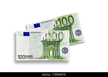 Zwei 100 Euro-Banknoten, 200 Euro auf 100 % weißen Hintergrund isoliert Stockfoto