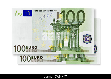 Zwei 100 Euro Banknoten, 200 Euro, Währung, auf 100 % weißen Hintergrund isoliert Stockfoto