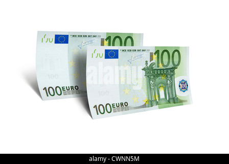 Zwei 100 Euro Banknoten, 200 Euro, Währung, auf 100 % weißen Hintergrund isoliert Stockfoto