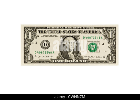 Ein-Dollarschein, 1 Dollar, Dollar-Schein, auf 100 % weißen Hintergrund isoliert Stockfoto
