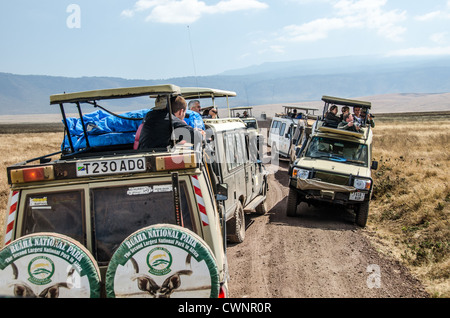 Safari-Fahrzeuge im Ngorongoro-Krater Tansania | NGORONGORO-ERHOLUNGSGEBIET, Tansania — Safari-Fahrzeuge drängen sich auf einem Feldweg, während Touristen Wildtiere auf dem Kalderaboden beobachten. Der 260 Quadratkilometer große Krater wurde vor etwa 2 bis 2,5 Millionen Jahren durch einen eingestürzten Vulkan gebildet und schafft so eine natürliche Einzäunung, die dichte Tierpopulationen erhält. Diese hohe Konzentration von Wildtieren auf begrenztem Raum führt häufig zu Fahrzeugstaus, wenn mehrere Tourgruppen auf eine einzige Sichtung zustreben. Stockfoto