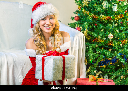 Lächelnde schöne junge Frau ein Geschenk Stockfoto